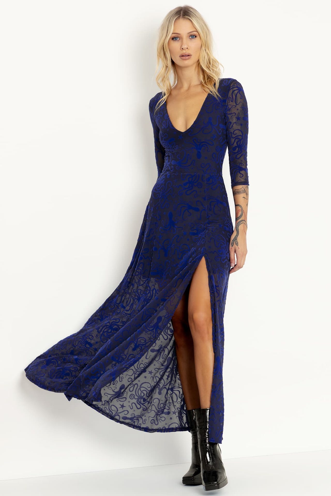 Flocktapus Blue 3/4 Sleeve Split Maxi Dress - Limited
