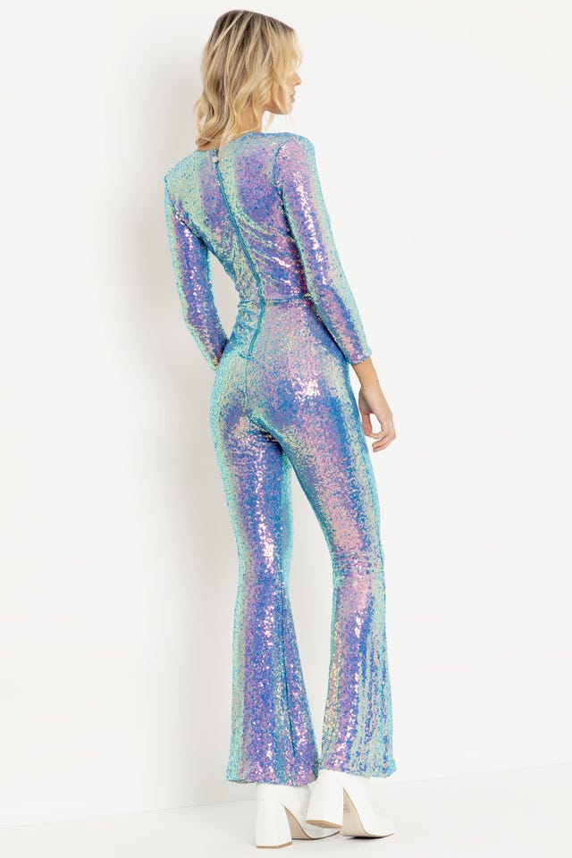 Sparkle Sparkle Teal Sequin Long Sleeve Plunge Jumpsuit - Limited