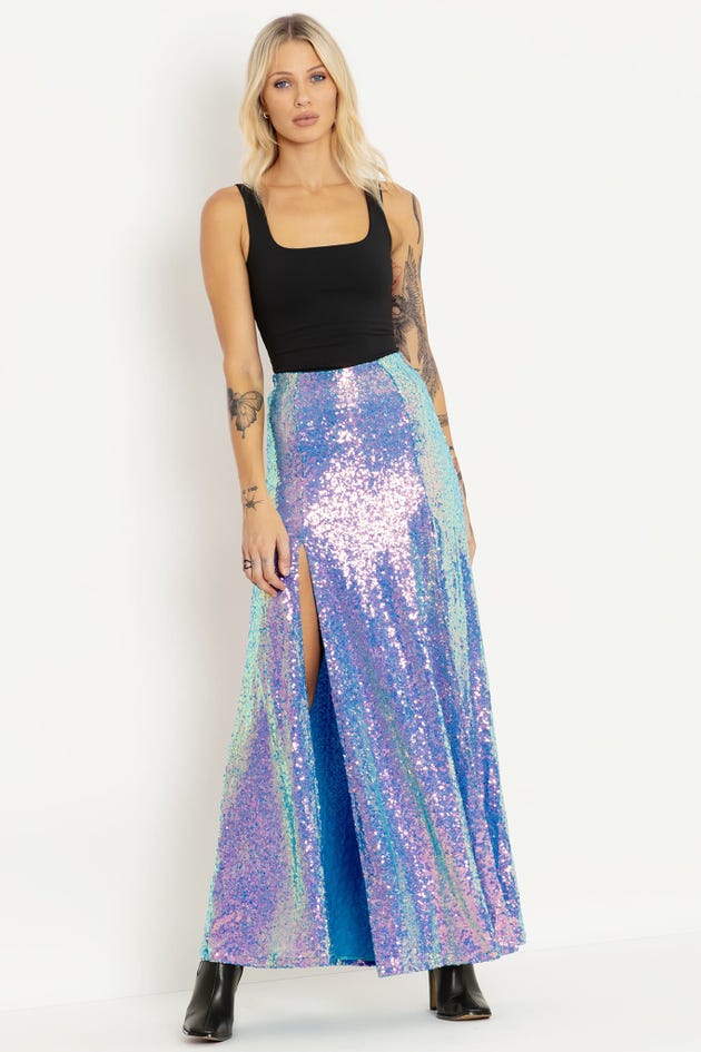 Sparkle Sparkle Teal Sequin Split Skirt - Limited