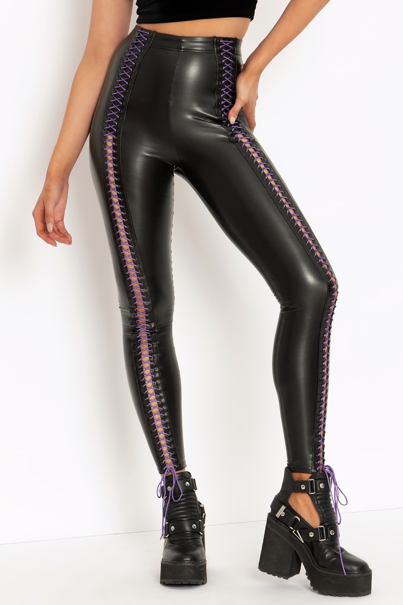 Faux leather lace hot sale up leggings