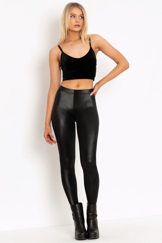 Girls Crop Top and Leggings Set Metallic Black Wet Look Shiny Stretch New  Outfit