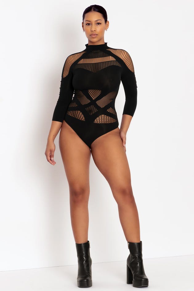 1. STATE Mixed Media Bodysuit in Rich Black