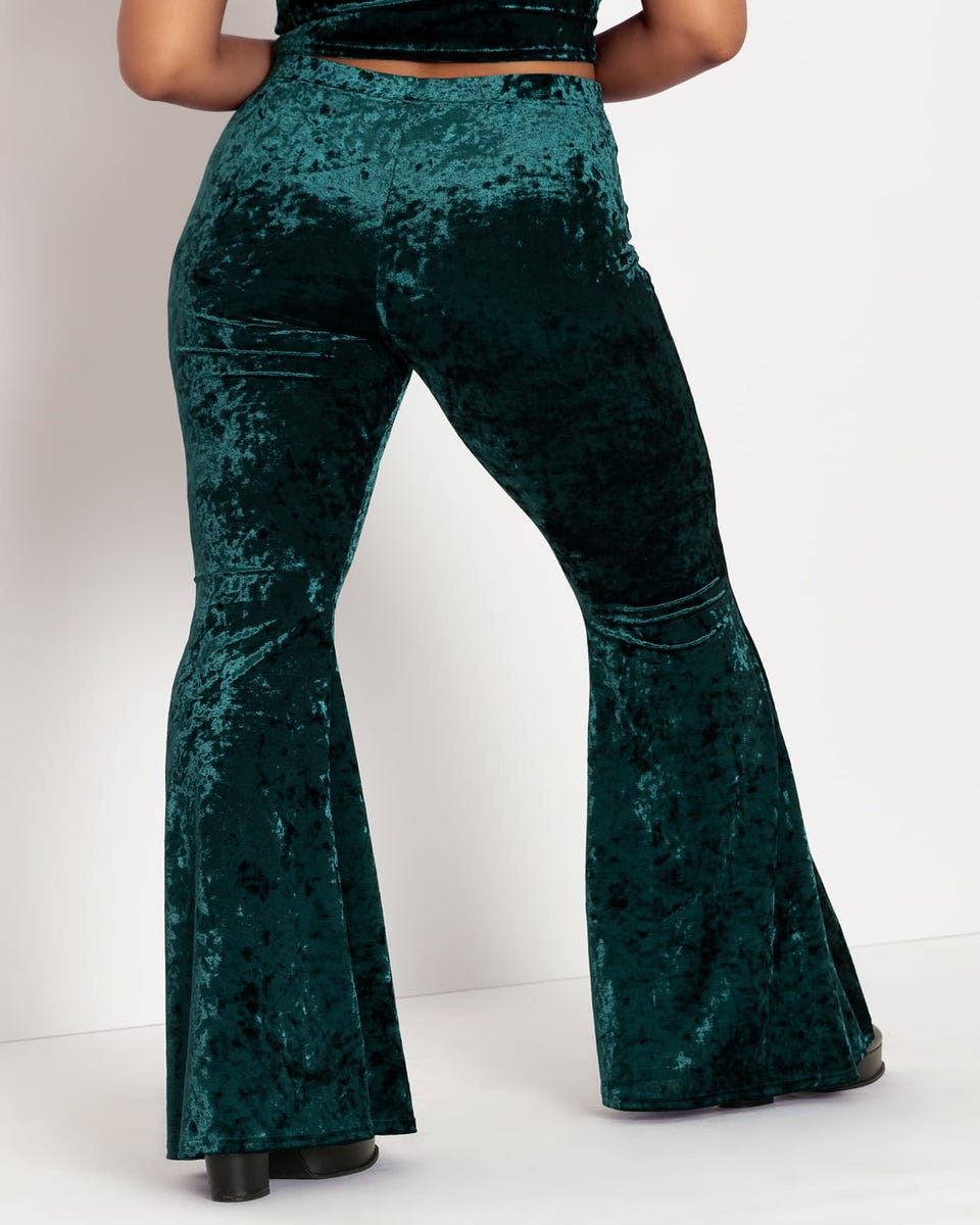 Green Crushed Velvet HW Flare Pants - Limited