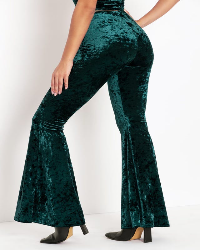 Green Crushed Velvet HW Flare Pants - Limited