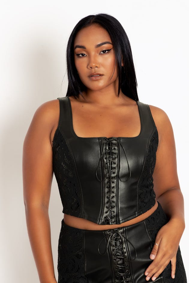 Faux Leather Black Corset with Front Zipper