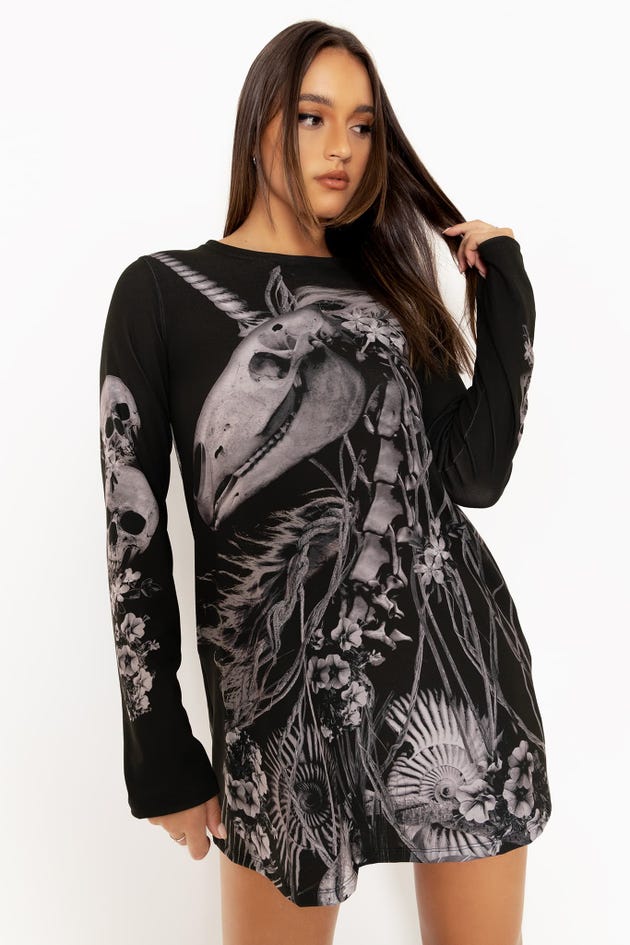 Magic Death Unicorn Long Sleeve Swing Tee Dress - Limited
