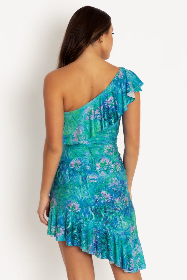 Monet Agapanthus One Shoulder Flounce Dress