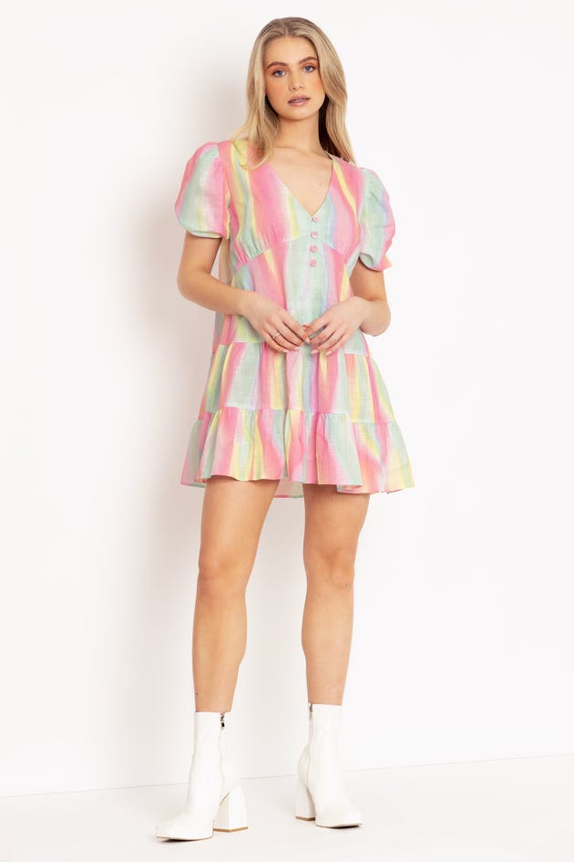 Rainbow Puff Sleeve Smock Dress