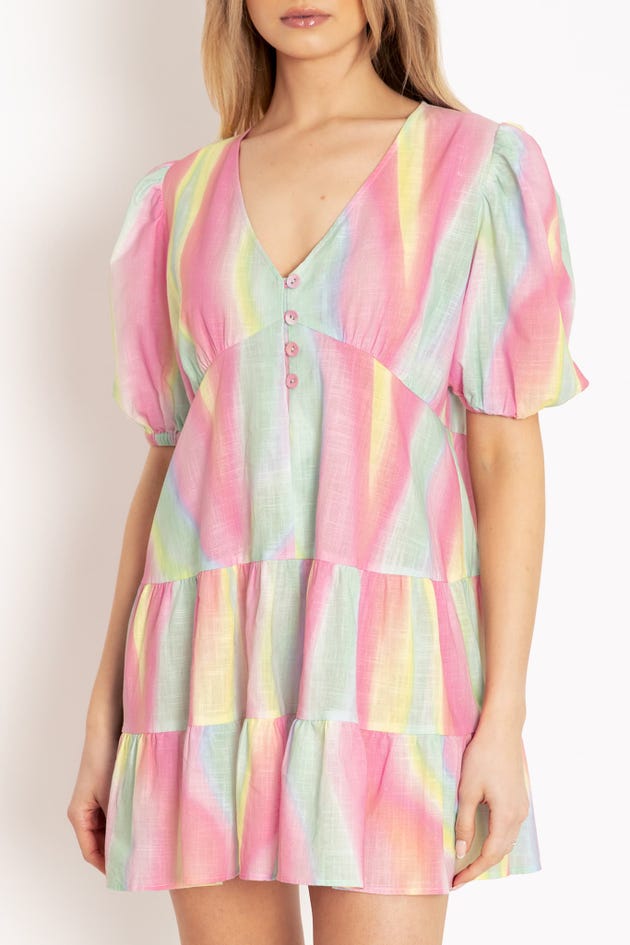 Rainbow Puff Sleeve Smock Dress