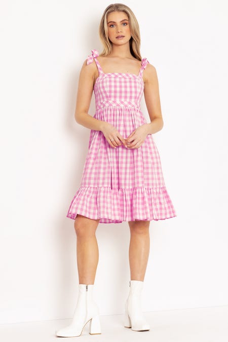 Gingham Pastel Pink Tied 'N Tiered Longline Dress