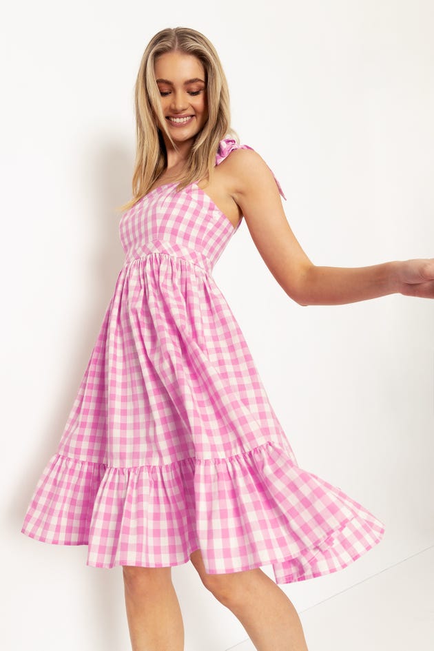 Kehlana Tiered Midi Dress In Pink With White Gingham – St Frock