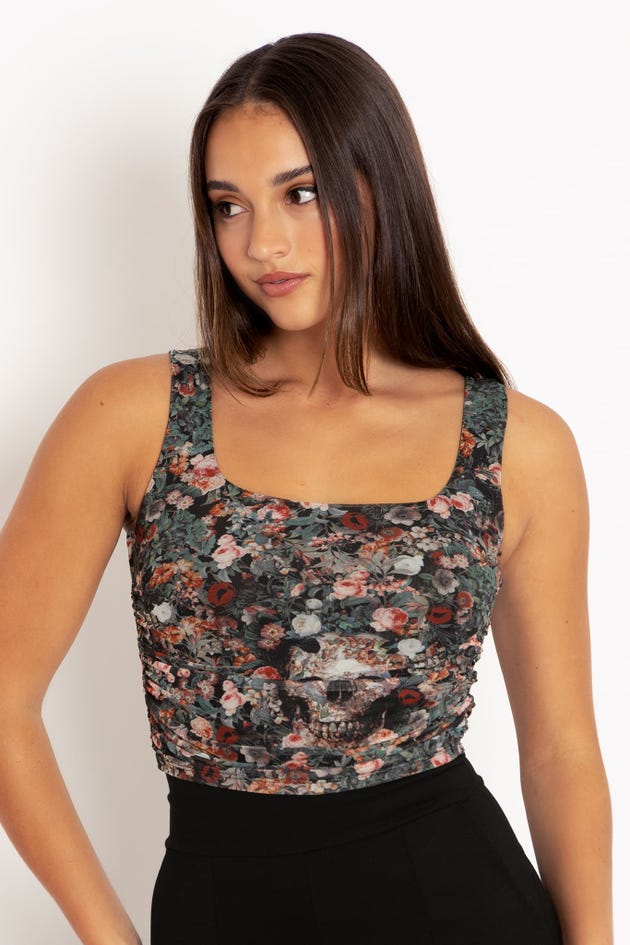 Overgrown Skulls Sheer Ruched Tank