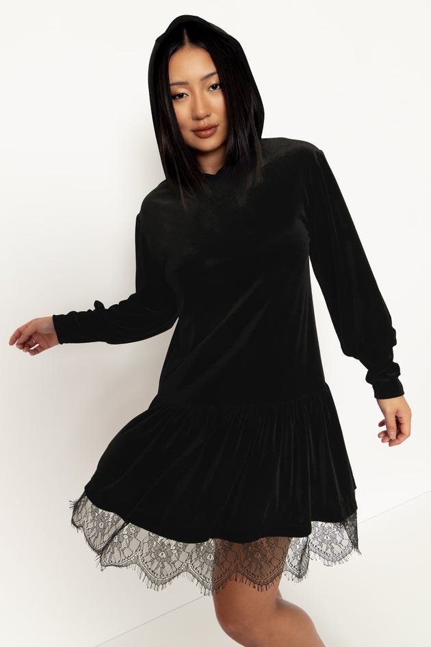 Velvet Black Hooded Sweater Dress