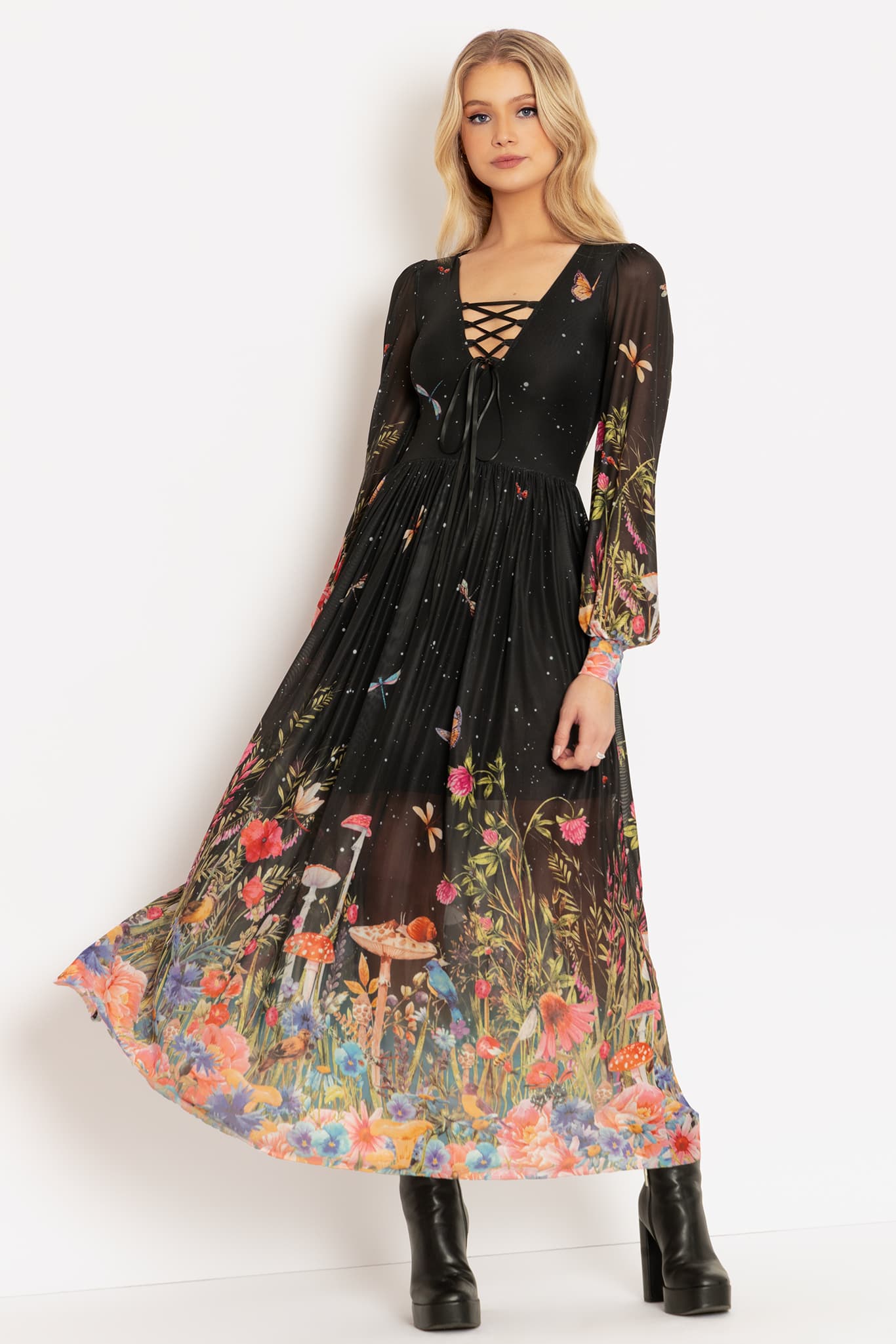 Fairytale Floral Sheer Bishop Maxi Dress