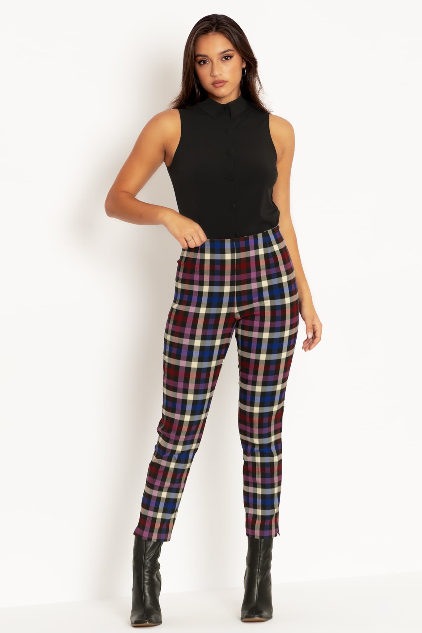 Womens Tartan Tailored High Waist Tapered Mod Golf Cigarette Pants Trousers  | eBay
