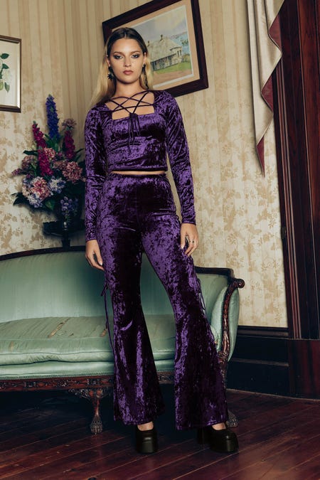 Wiccan Crushed Velvet Lace Side Flare Pants