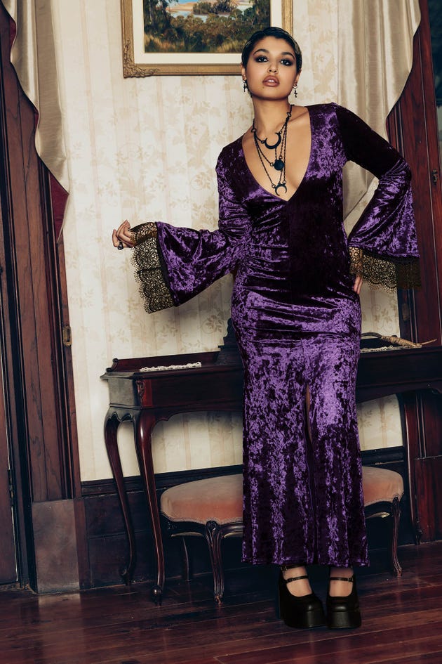 Wiccan Crushed Velvet Split Front Maxi Dress