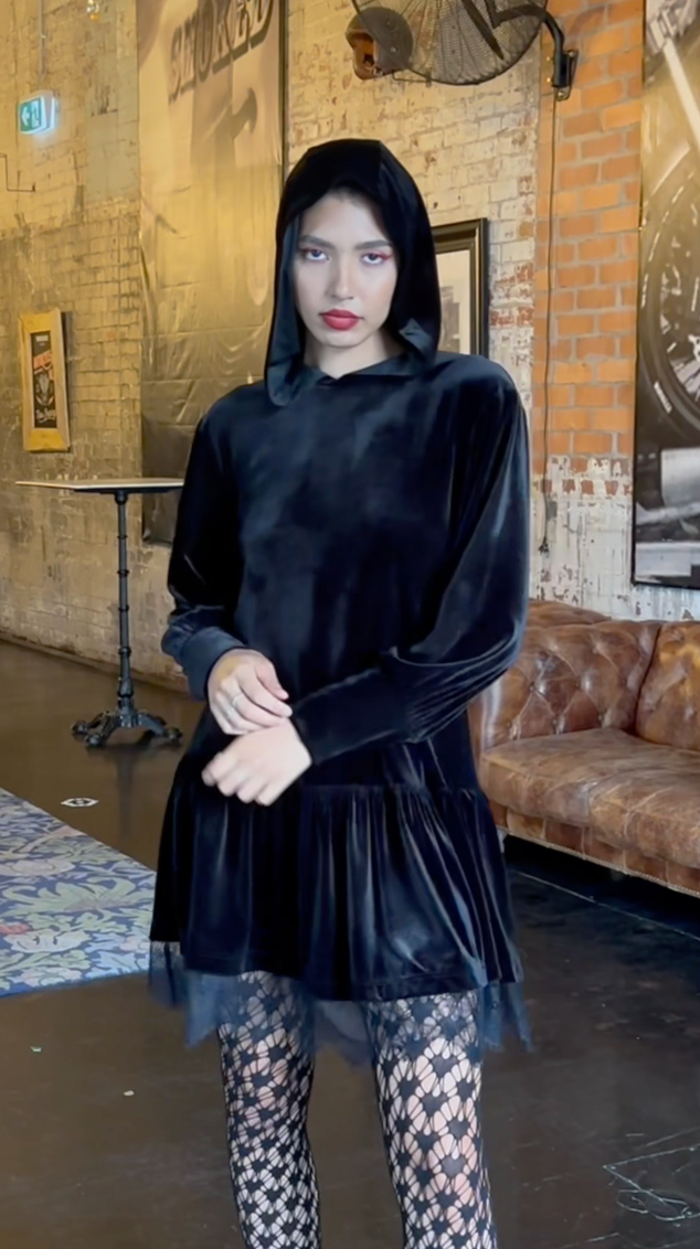 Velvet Black Hooded Sweater Dress
