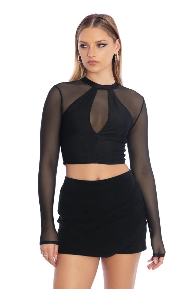 Submerge Sheer Long Sleeve Keyhole Crop