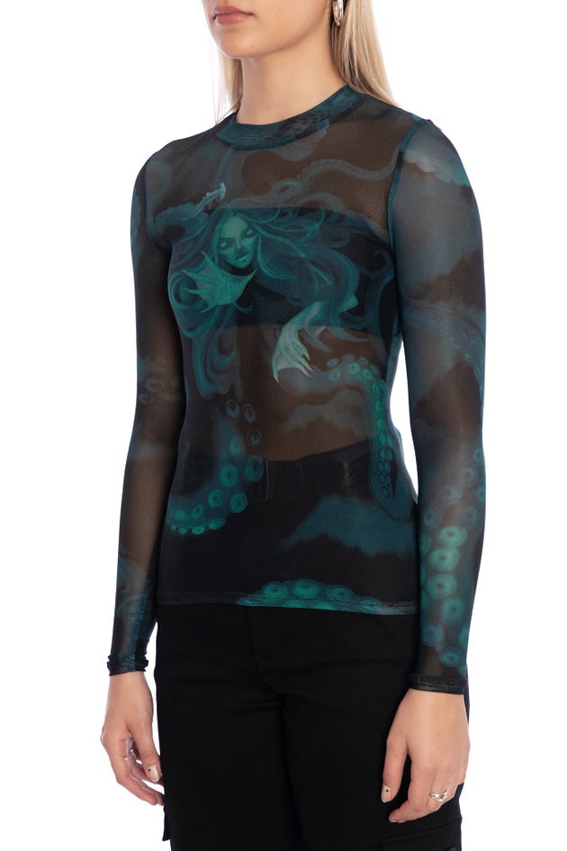 The Mermaid Cometh Sheer High Neck Long Sleeve Top