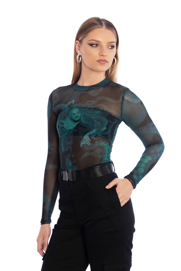 The Mermaid Cometh Sheer High Neck Long Sleeve Top