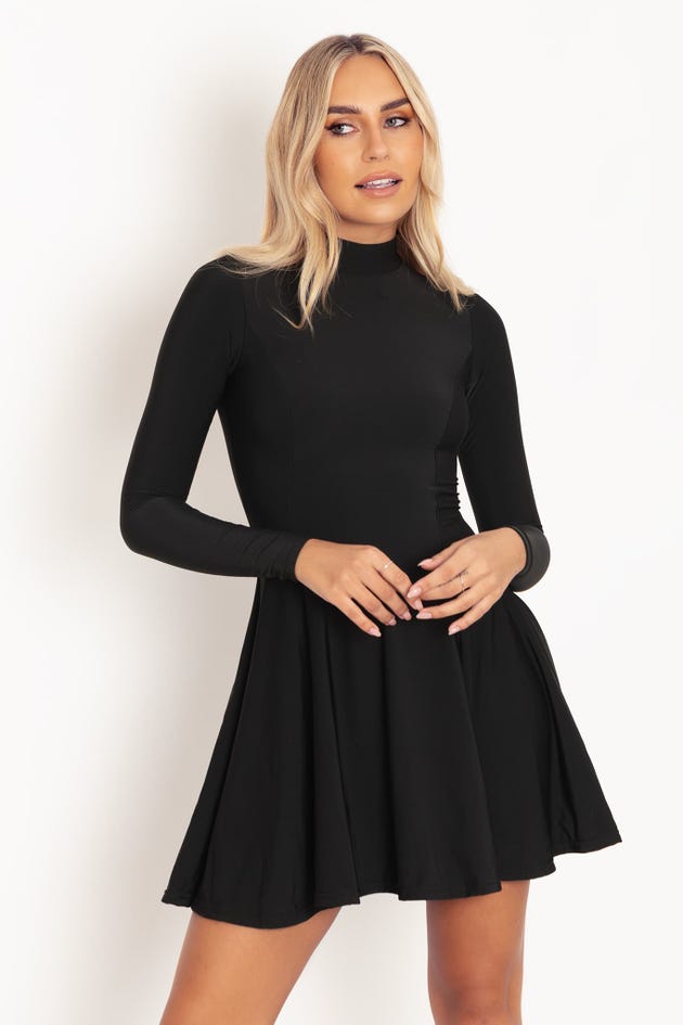 Warm Black Long Sleeve Evil Mini Skater Dress